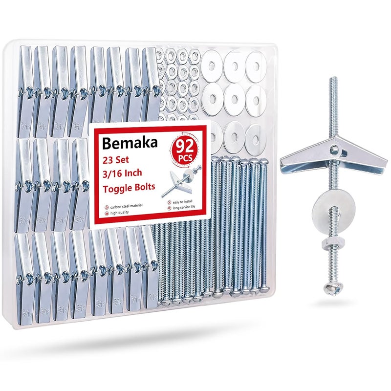 Bemaka 92Pcs 3/16 Inch Toggle Bolts for Drywall, Butterfly Anchors Heavy Duty Drywall Anchors and Screws Kit, Toggle Bolts and Wing Nut Kit with Nuts Washers for Hollow Wall, Ceiling (23 Set) - Image 1